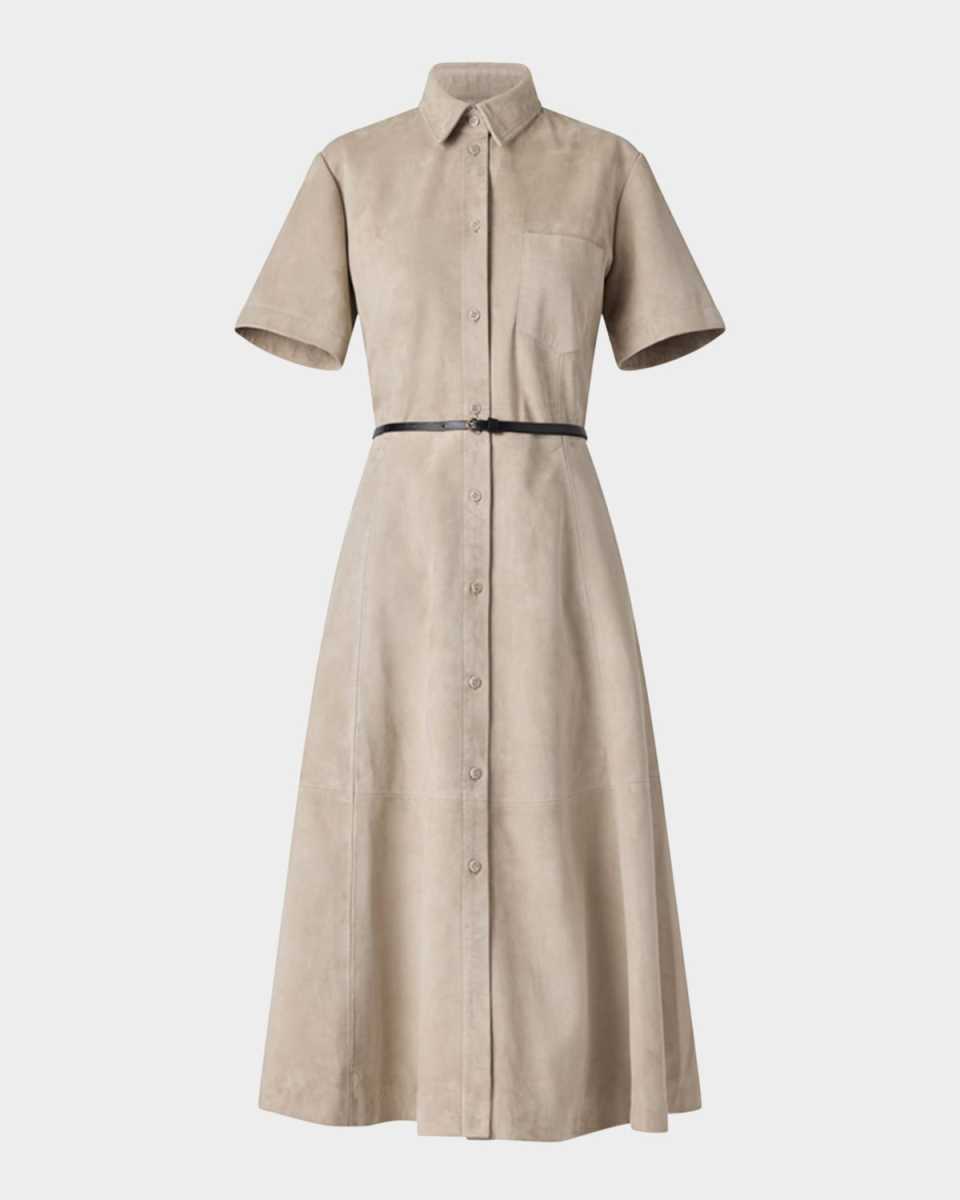 Kiera Suede Fit-Flare Belted Midi Dress